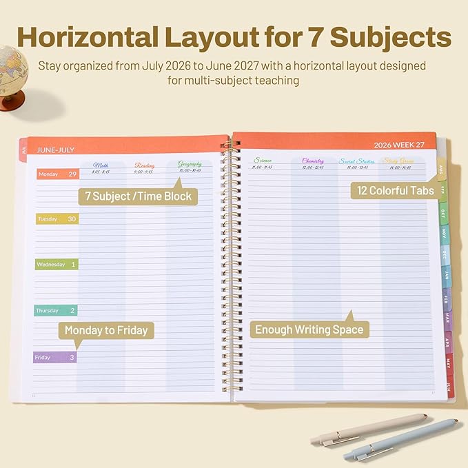 SUNEE Teacher Planner 2026-2027 Academic Year, 7 Periods Lesson Plan Book Jul 2026 - Jun 2027, 8.5"x11"Daily Weekly Monthly Organizers Horizontal Layout with Calendars, Bookmark, Tabs, Pastel Bubbles