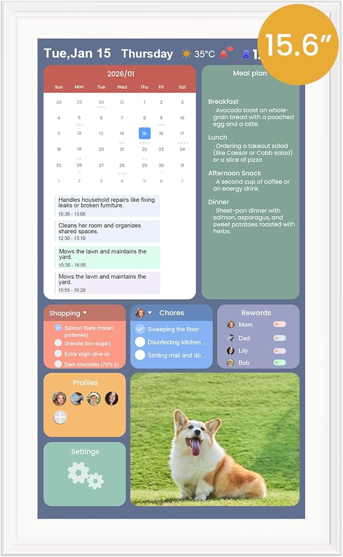 15.6-Inch Smart Digital Calendar & Photo Frame for Family, Wall Planner with Auto-Sync to Apple, Google & Outlook, Touchscreen Display with Chore Chart, To-Do Lists & Meal Planner, White Frame, No Subscription