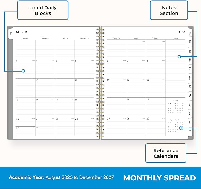 Blue Sky 17 Month 2026-2027 Weekly and Monthly Academic Year Planner Calendar, August 2026 - December 2027, 8.5" x 11", Flexible Cover, Wirebound, Laminated Tabs, Silver Metallic
