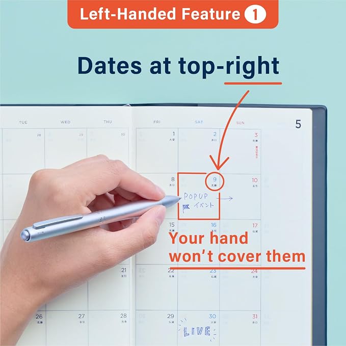 HIDARI Left-handed planner 2026 Japan edition, monthly and weekly, Jan 2026-March 2027, 5×7" (Lavender)