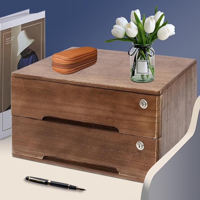 Wooden Desktop Storage Box with Lockable Drawers, Flat File Cabinet Drawer Desktop Storage Box, Countertop Storage Cabinet for Office Home Toiletries Supplies Vanity (Walnut, 2 Drawer)