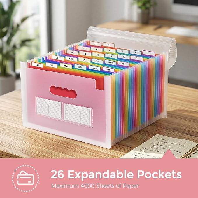 SKYDUE Accordion File Organizer with 26 Pockets & Label Stickers, Expanding File Folders Fit for A4 & Letter Size Paper, Multi-Functional Document Organizer for Home & Office File Management