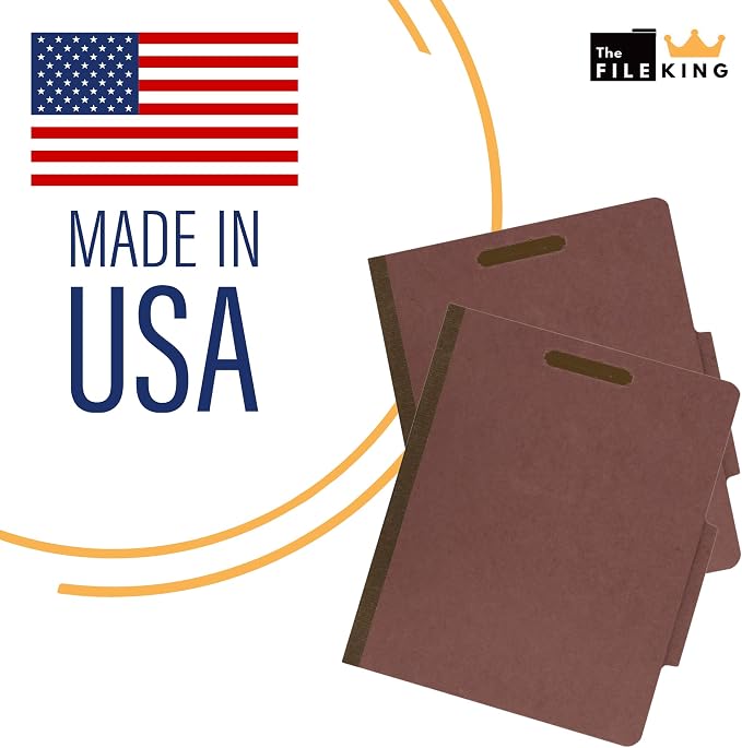 The File King Three Divider Pressboard Classification Carnelia Red File Folder - Letter Size | Box of 10 | 2/5 ROC Top Tab | 3” Expansion | Eight 2-Inch Fastener Prongs | USA Made
