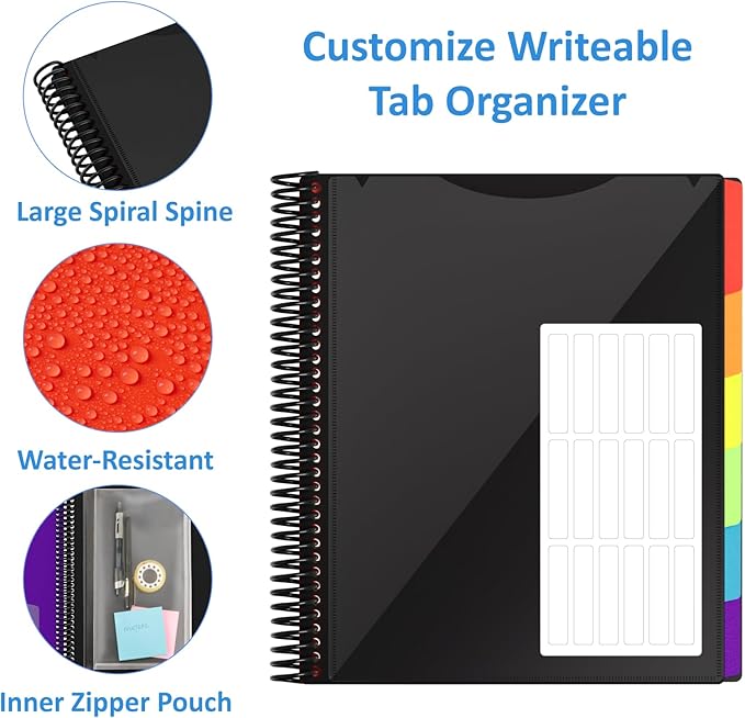 12 Pocket Project Organizer, 6 Color Letter Size Spiral Multi Pocket Folder Organizer, 1/6-cut Tab Poly File Organizer Binder with Dividers,Multi-Subject Binder Notebook School Office Supplies