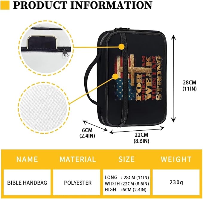 Bible Covers for Women Men Zippered Bible Carrier Book Bag, for When I AM WEAK Then I AM Strong, Church Bag Bible Protective with Handle Christian Gifts, Cross American Flag Print