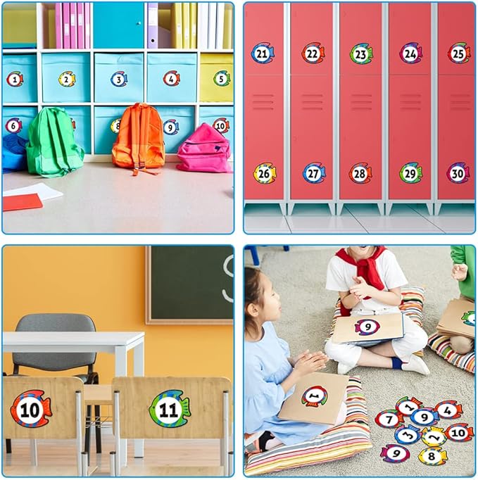 WhatSign 36Pcs Line Up Spots for Classroom Floor Numbers Stickers - Scratch-Resistant & Waterproof Vinyl - Contemporary Fish Theme - Math & Number Learning - Early Childhood Development Products