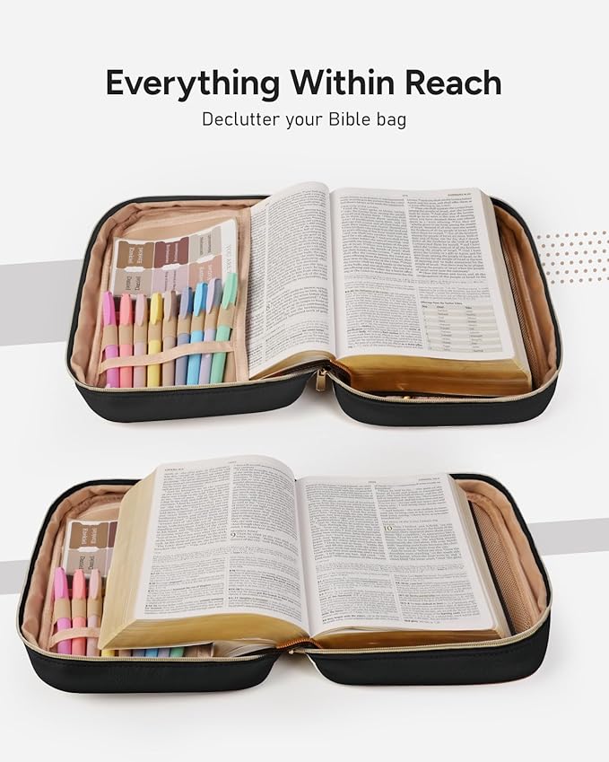 BellaHold Quilted Vegan Leather Bible Cover, Color-Blocked Bible Cover Case for Women, Bible Carrying Case with Handle, Bible Study Supplies & Christian Gift for Women (Black & Brown, TS/S)