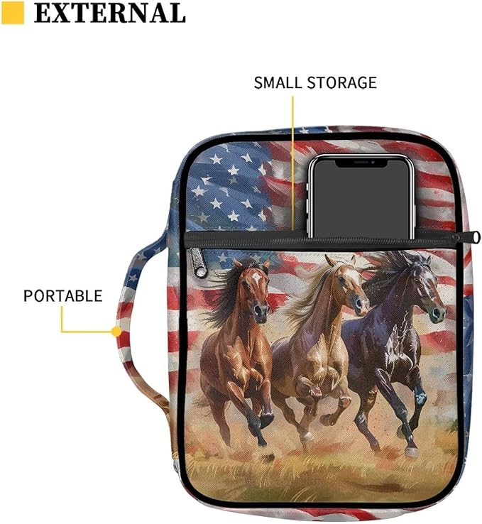 Suobstales American Flag Horse Print Bible Covers for Women Men,Carrying Book Bible Case Church Bag Lightweight Bible Bag Bible Protective with Handle and Zippered Pocket