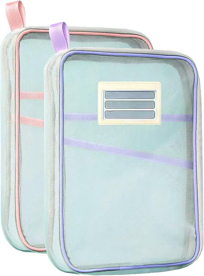 Nylon Document Bag with Zipper Light Transparent Mesh File Bag Pouch with Strap for Books A4 Documents Organizer (2, Pink&Purple)