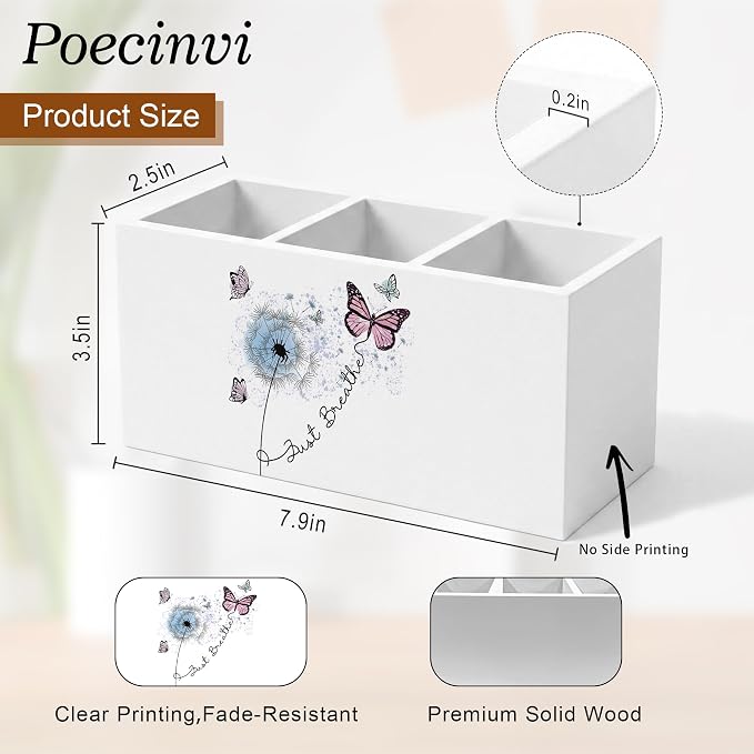 Just Breathe Mental Health Pen Holder for Home Office Desk, Therapy Office Decor, Blue Dandelion Butterfly Inspirational Wooden Box Sign Pencil Holder for Desk Shelf Organizer