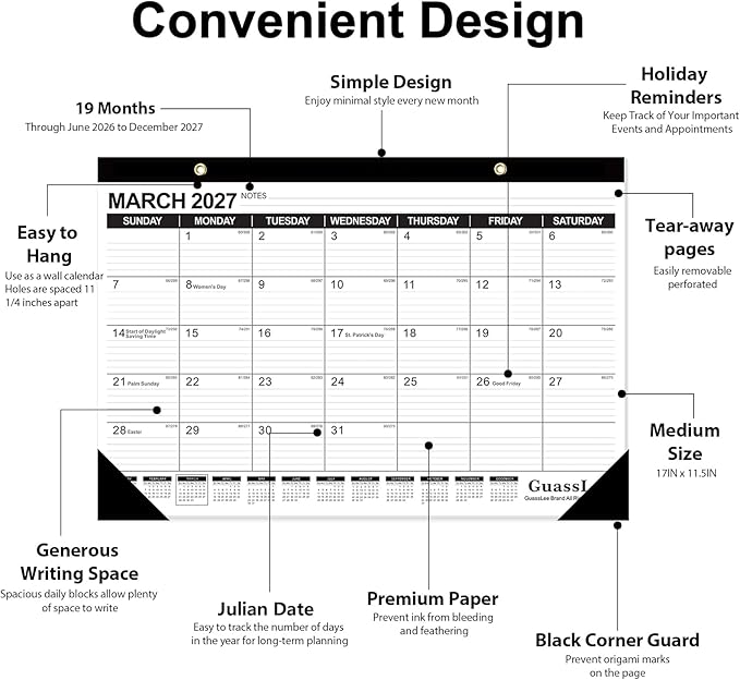 GuassLee 3 Pack Desk Calendar 2026-2027 - 19 Months Academic Calendar 17" × 11.5" Desktop Calendar from Jun. 2026 to Dec. 2027 with Julian Date for Home School Office Desk Top Organizing