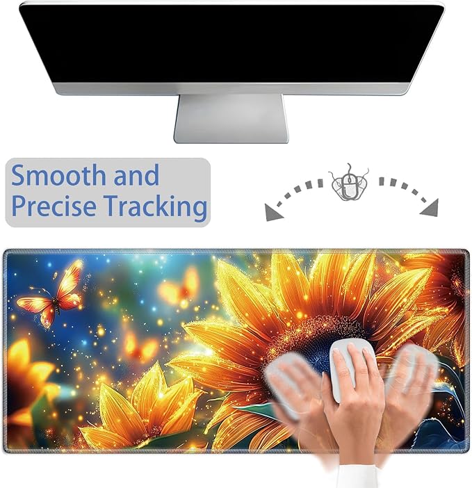 Mouse Pad Gaming Mousepad 31.5x11.8 Inch XXL Large + Coasters,Desk Mat with Stitched Edges, Non-Slip Rubber Base, Thick Mouse Pad for Computer, Laptop, Office & Home - Sunflower