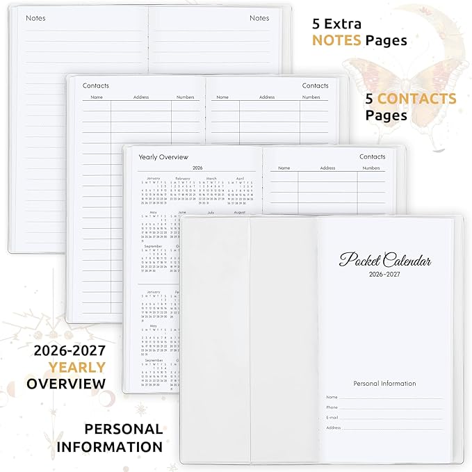 Pocket Calendar 2026-2027, Moon Phrase Purse Planner - 3.7" x 6.7" - Runs from January 2026 Until December 2027, 2026 Monthly Pocket Calendar with PVC Cover for Office