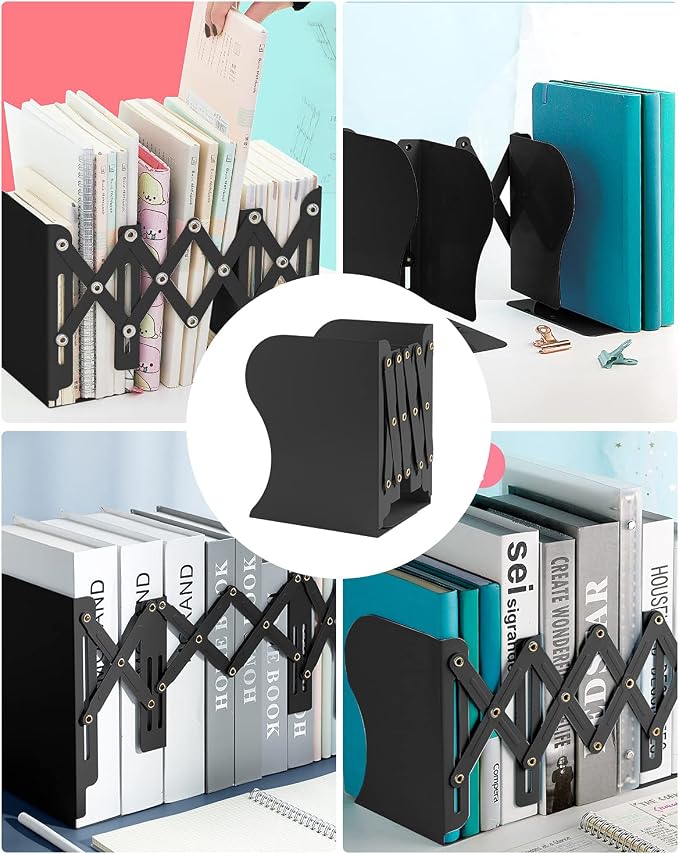 MSDADA Adjustable Bookends, Bookends for Heavy Book, Expandable Book Organizer for Office, School, Libraries, Extends up to 19 inches (Black)