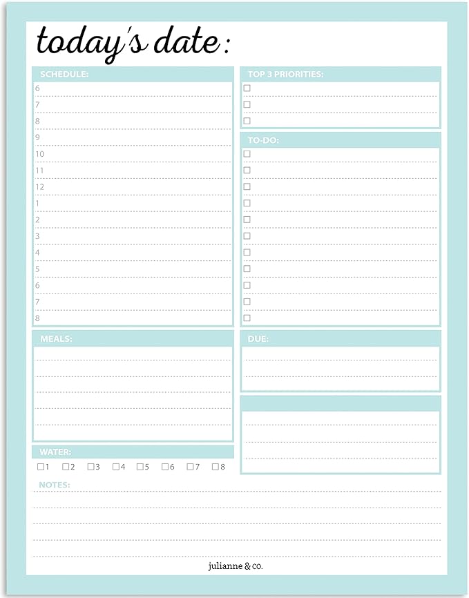 JULIANNE & CO Daily To-Do Undated Tear-Away Planner Notepads - Premium Personal Organizer for Home, Office, Work, School - 50 Pages for Daily Tasks, Notes, Water Intake and Meal Prep (8.5 x 11)