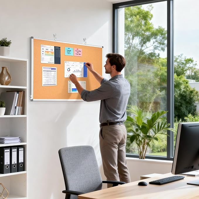 Double-Sided Cork Bulletin Board for Wall, WALGLASS 36" x 24" Hanging Wall Mounted Notice Board, Pin Display Vision Cork Board, Aluminium Framed Large Message Corkboard for Office, Home, School