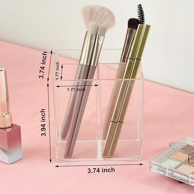 Clear Acrylic Pencil Pen Dry Erase Marker Holder Cup, Makeup Brush Holder Acrylic Desk Accessories, Plastic Silverware Utensil Holder for Office, Party Bedroom Bathroom Dorm (Clear, 4 Compartments)