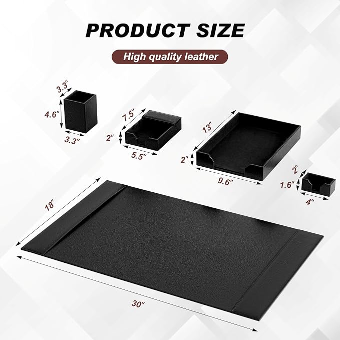 Sayglossy 5 Piece Leather Desk Pad Set with Side Rails 30"x18" Desk Blotter Protector, Letter Tray, Pen Cup, Sticky Note Clip, Name Card Holder, Executive Office Organizer Accessories Workplace(Black)