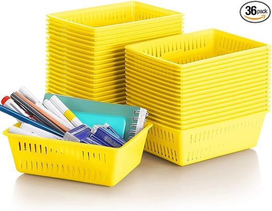 Sherr 36 Pack Classroom Storage Basket Small Plastic Basket for Organizing Crayon Pencil Container Storage Bin Tray Holder for Paper Shelf Back to School Office Supply 6.1"l x 4.3"w x 2.4"h(Yellow)