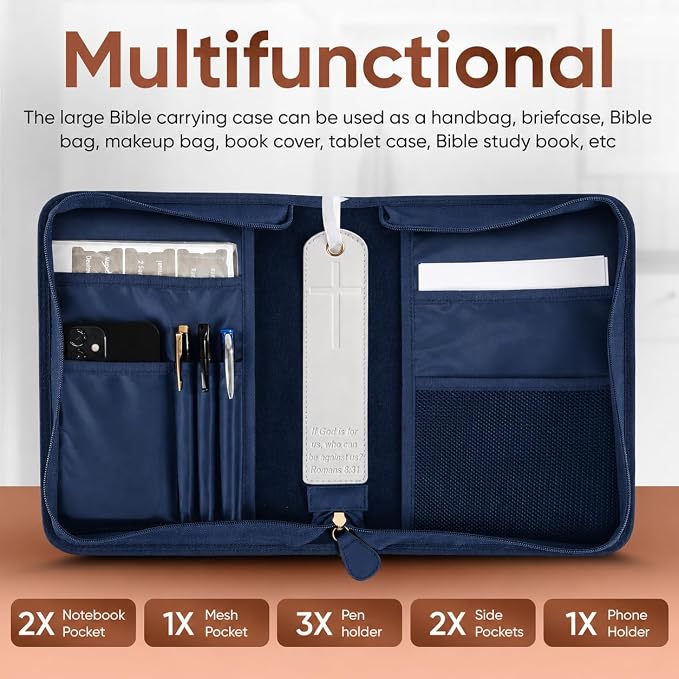 Bible Case (U.S. Patent Pending), Vibrant & Inspiring Bible Cover, with Romans 8:31 Bookmark, Blue Bible Cover Case for Women or Men, Elegant Bible Bag, Durable PU Leather Book Cover