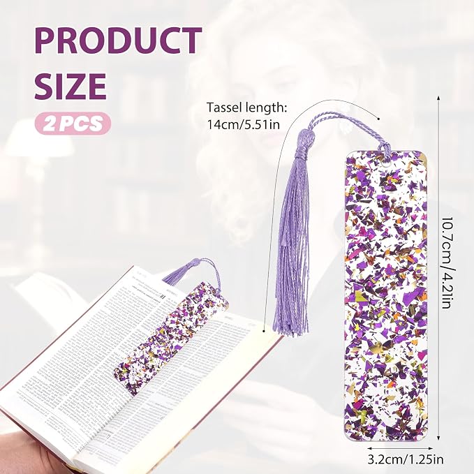 2Pcs Glitter Bookmarks Acrylic Bookmarks for Women Purple Silver Book Marks Bling Iridescent Bookmark with Tassel Resin Book Marks for Reading Presents