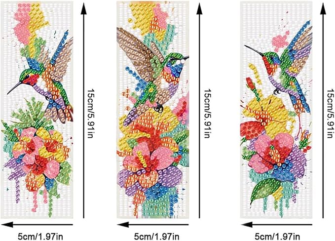3Pcs DIY Diamond Art Painting Bookmarks with Colorful Butterfly Pendant PET Bookmark Ornament Double Sided Pattern Single Sided Diamond Book Marker Clip Gifts Tags-Flower Hummingbird