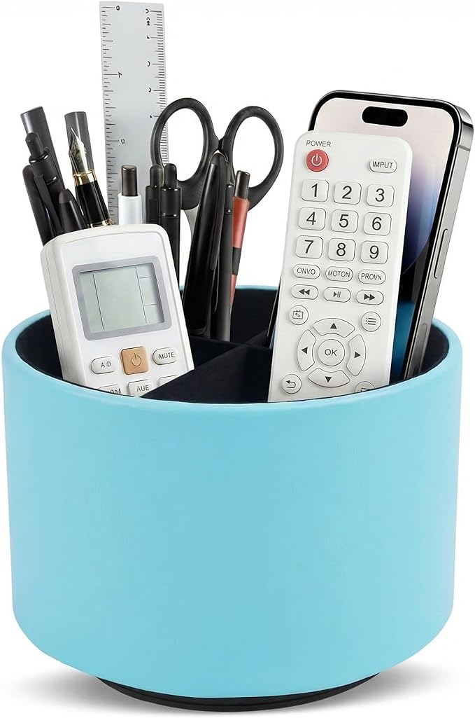 Hennaja Round Leather Art Supply Organizer,Remote Control Holder,360 Degree Spinning,Multi-Functional Pencil Holder,4 Compartments Desktop Stationary Organizer(1-Sheep Blue)