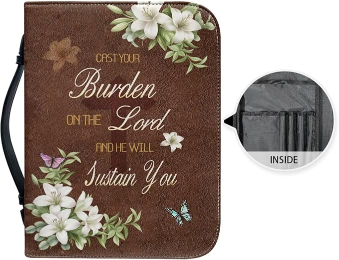 Retro Style Lily and Cross Bible Case with Bookmark Waterproof Bible Cover Case for Women Lightweight Bible Bag with Handle Pockets Church Book Bag Brown