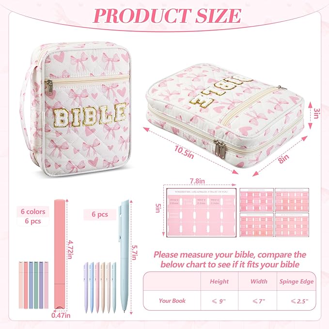 Sinload Quilted Bible Cover Case for Women Large Carrying Bag with Organizer Tabs 6 Colored Pens 6 Highlighters Book Tote Bags with Handle Bible Carry Supplies Christian Gifts(Pink Bow Heart)