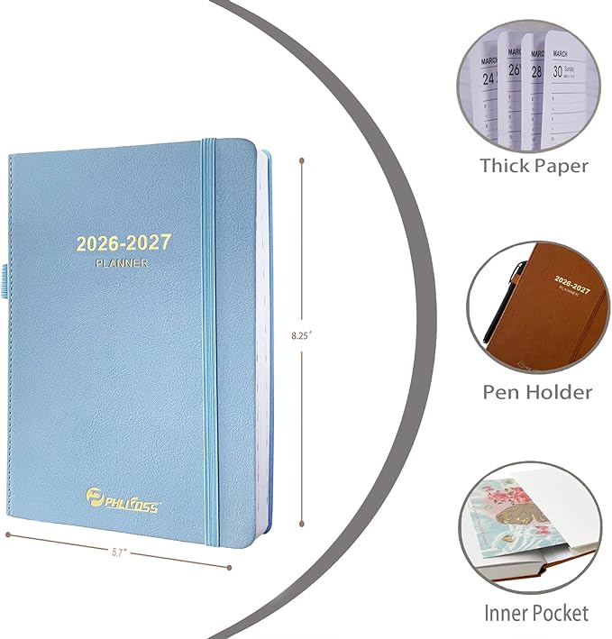 Daily Planner 2026-2027, One Page Per Day, Academic Calendar (July 2026 - June 2027), Appointment Book with Time Slots and Monthly Tabs, 5.7" x 8.25", Pocket, Leather Cove (Sky Blue)