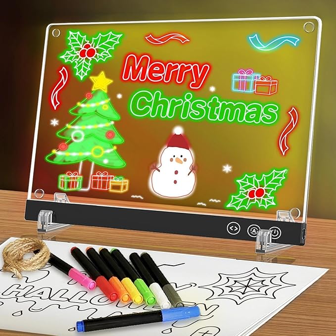 LED Magnetic Note Board with 11 Light Modes, 11.8"x7.9" Desktop Acrylic Dry Erase Board with Light, Magnetic Glowing Message Board with Stand & Hanging Chain, Professional Desktop Signage for Office
