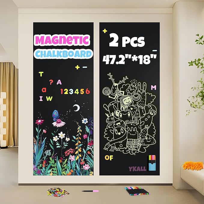 Magnetic Chalkboard Contact Paper for Wall, 47.2" x 18" 2 Pcs Self-Adhesive Blackboard Wallpaper Peel and Stick Wall with 93 Pcs Kit for Kids, Magnet Wall Sheet with Kit for Home Playroom