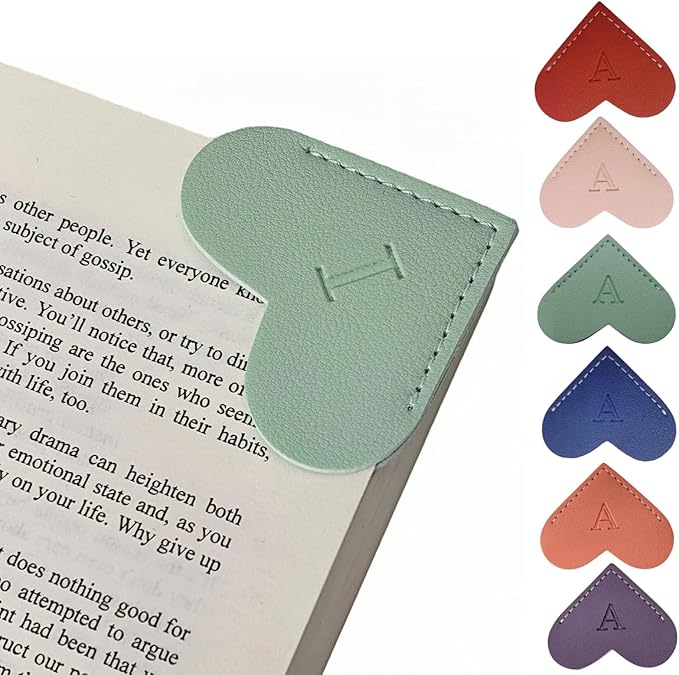 Personalized Leather Heart Bookmarks with Initials, 26 Letters Custom Corner Book Mark for Reading Women,Teacher, Student, Book Lovers Book Marker, Meaningful Gifts (Dark Blue+Light Green,I)