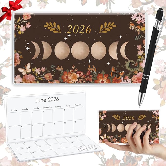 Gueevin 2026 Pocket Calendar for Purse with Pen Small Pocket Planner Handy Weekly Monthly Planner Journal Writing Notebook Valentine New Year Gift Sister Friend Women(Moon,Black)