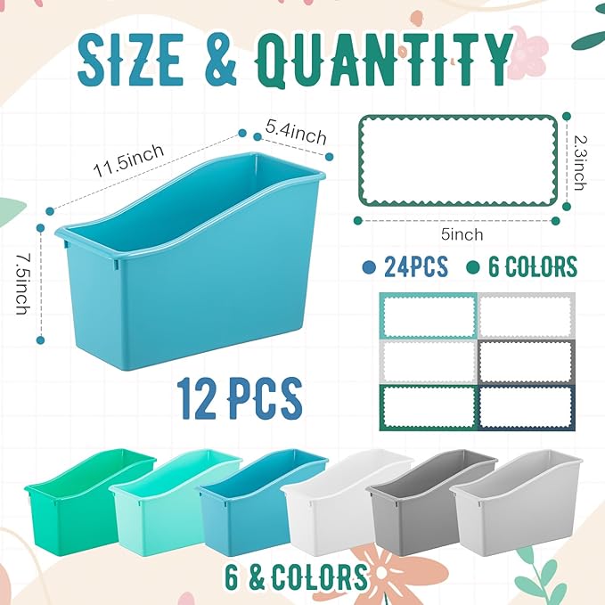 Geetery 12 Pcs Book Bin for Classroom with Labels Stackable Plastic Organizing Bins 11.5 x 5.4 x 7.5 in Book Holders Storage Bins Box Baskets for Classroom Library Home (Morandi Color)
