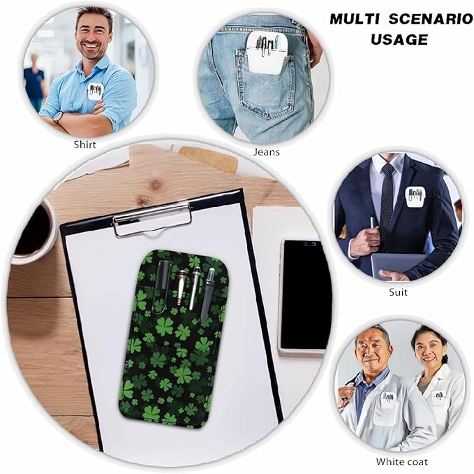 chaqlin Leather Pocket Protector, Fashion Leather Pencil Pouch Organizer Pen Holder for Shirt Pockets, Lab Coats, Office & Work Essentials (Green Four Leaves)
