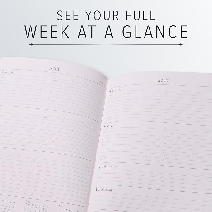 Gallery Leather Desk Hourly Weekly Monthly Planner 2027, Elegantly Bound Calendar Planner and Notebook with Stylish Gold-Gilded Page Edges, 12 Months - Acadia Tan - 8x5.5"