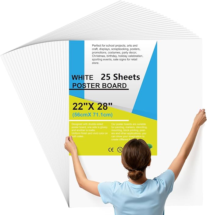 25 Pcs Poster Board 22" x 28" White Poster Paper Bulk, ROOKEA 250 GSM Vision Board for Arts Craft Projects Presentations Drawing Scrapbooking Blank Graphic Display Office Supplies