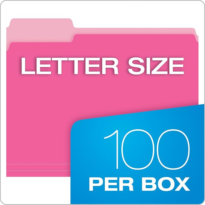 Pendaflex Pink File Folders, 100 Pack, Letter Size (8.5" x 11"), Durable Pink Folders, 3 Tabs for Easy Labeling, Colorful School, Office & Home Document Organization