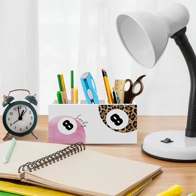 Preppy Funky Lucky 8 Ball Pen Pencil Holder for Desk, Preppy Office Desk Accessories, Trendy Pink and Leopard Print Ball Pen Holders Organizer for Girls Classroom Bathroom Makeup Brush