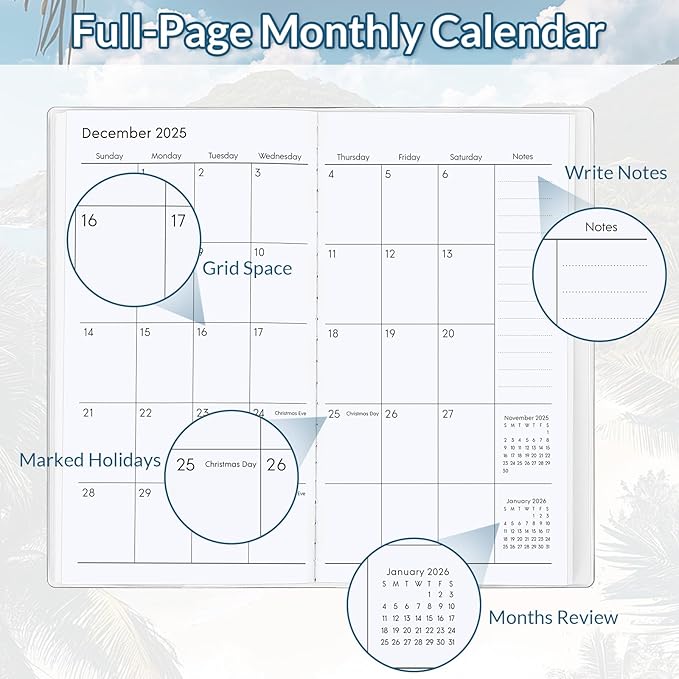 KONVINIT Pocket Calendar 2025-2027, Small Monthly Planner 2025-2027 - 3.7" x 6.7" - Runs from July 2025 Until December 2027, Pocket Calendar 2026 with Beach Cover for Planning