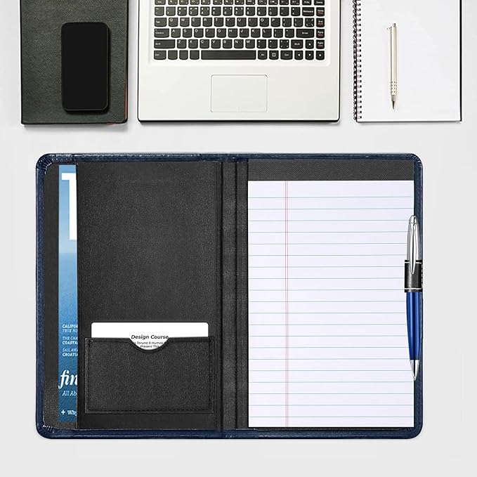 Mini Padfolio/Junior Portfolio Folder Case, Business A5 Binder Organizer Notepad for Men Women, 5 x 8 Writing Pad Included, Navy Blue