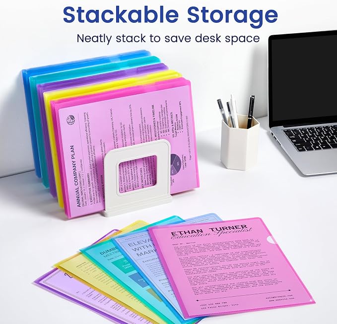 Sooez 15 Pack Clear Document Folder, Plastic Sleeves for Paper 8.5 x 11, Plastic File Folders Paper Sleeves Protector, Heavy Duty Poly File Jacket Sleeves Pocket Folder Cover,5 Assorted Colors