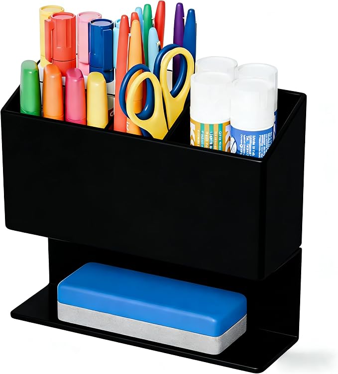 Yieach Magnetic Dry Erase Marker Holder for Whiteboard,Non-Slip Magnet Expo Marker Holder and Magnetic Cup for Dry Erase Markers,Acrlic Pencil Pen Holder for Locker,Classroom,White Board,Office,Black