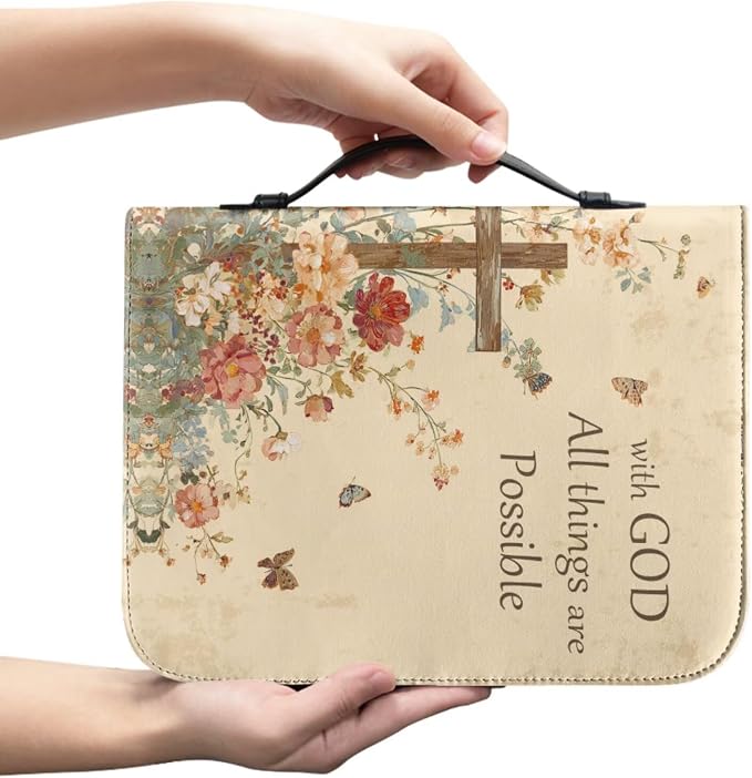 Vintage Style Floral and Cross Bible Case with Bookmark Waterproof Bible Cover Case for Women Lightweight Bible Bag with Handle Pockets Church Book Bag Beige