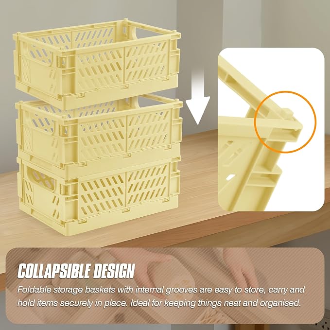 4 Pcs Collapsible Storage Crates, 10x5.9x4 inches Space-Saving Folding Containers, Stackable Plastic Boxes for Home Kitchen Office Bedroom Bathroom, Beige