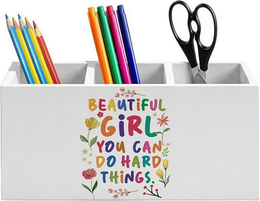 Boho Colorful Floral Inspirational Pen Holder for Home Office Desk, Beautiful Girl You Can Do Hard Things Motivational Wooden Box Sign Pencil Holder for Desk Shelf Organizer