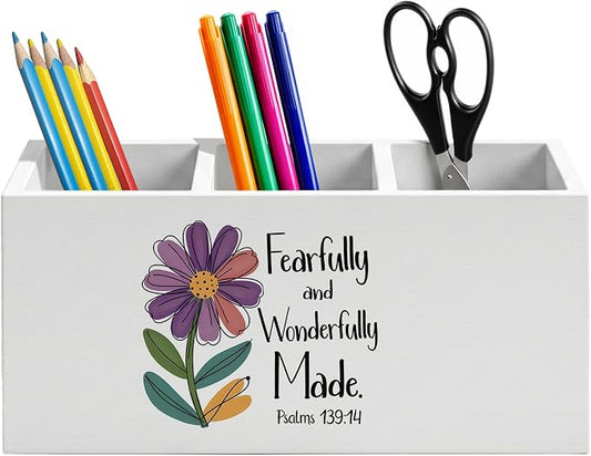 Boho Floral Inspirational Christian Pen Holder for Home Office Desk, Fearfully and Wonderfully Made Bible Verse Wooden Box Sign Pencil Holder for Desk Shelf Organizer