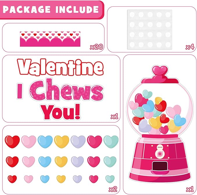 Valentine's Day Gumball Machine Bulletin Board Set, Valentines Day Bubble Gumballs Bulletin Board Classroom Decorations Colorful Heart Cutouts Home Wall Party Decor for Teacher(Valentine I Chews You)