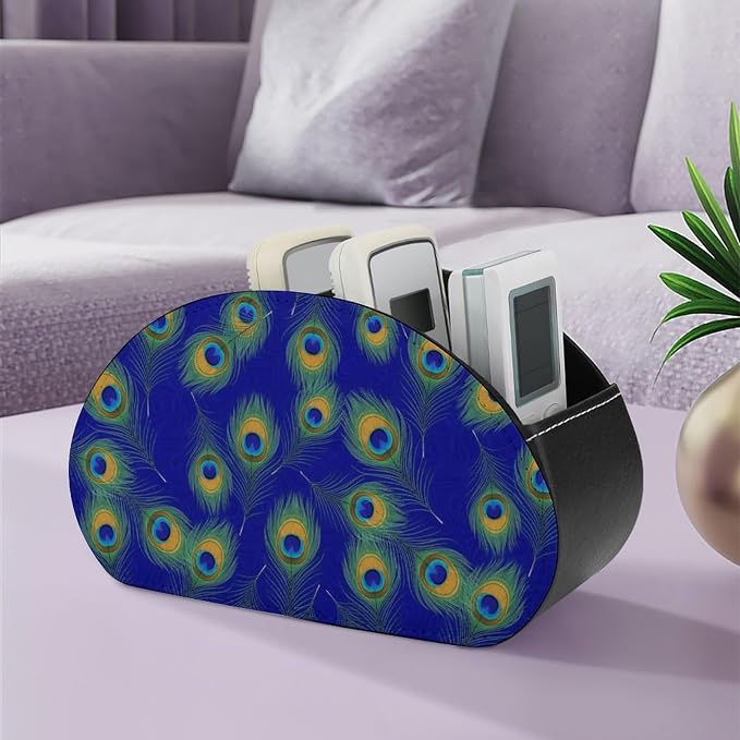 PU Leather Remote Organizer Box, 5-Compartment Storage for TV Remotes, Media Controllers, and Home Desk, Peacock Feathers